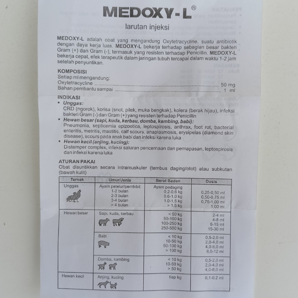 MEDOXY L 50 ml | Obat Injeksi Untuk Ayam Kucing Sapi Domba Kuda Sakit Snot Ngorok CRD Berak Hijau | Medion