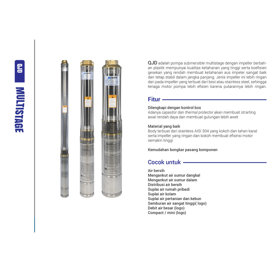 Pompa Submersible INOTO Casing Sumur 3 inch - 1/3 HP output 11/4" kabel pendek - INOTO 3IN 208 0,3hp