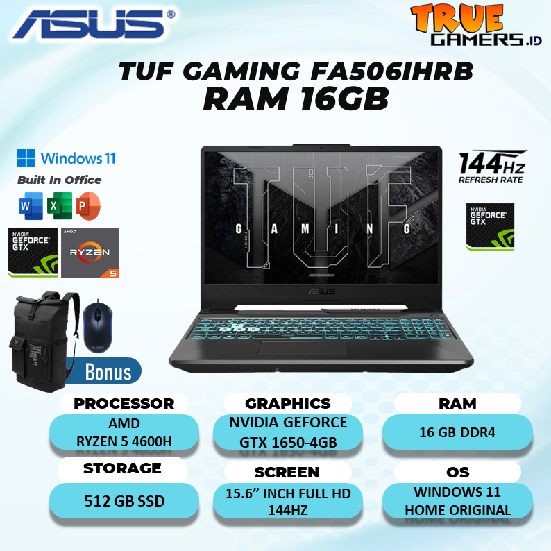 Laptop Gaming Asus TUF FA506IHR  GTX1650 4GB RAM 8GB RYZEN 5 4600H 512SSD  W11+OHS 15.6FHD 144HZ RGB