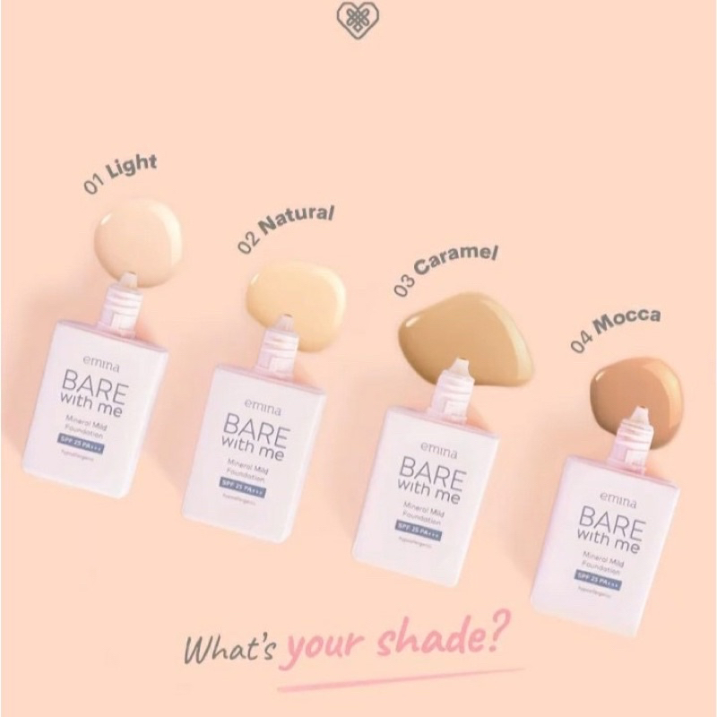 EMINA Bare With Me Mineral Mild Foundation Indonesia / 30ml / SPF 25 PA+++ Hypoallergenic / Safe For All Skin Type / Semi Matte Finish UVA UVB Protection / Shade 01 Light 02 Natural 03 Caramel 04 Mocca / Cosmetic Face Makeup Series / Loose Compact Powder
