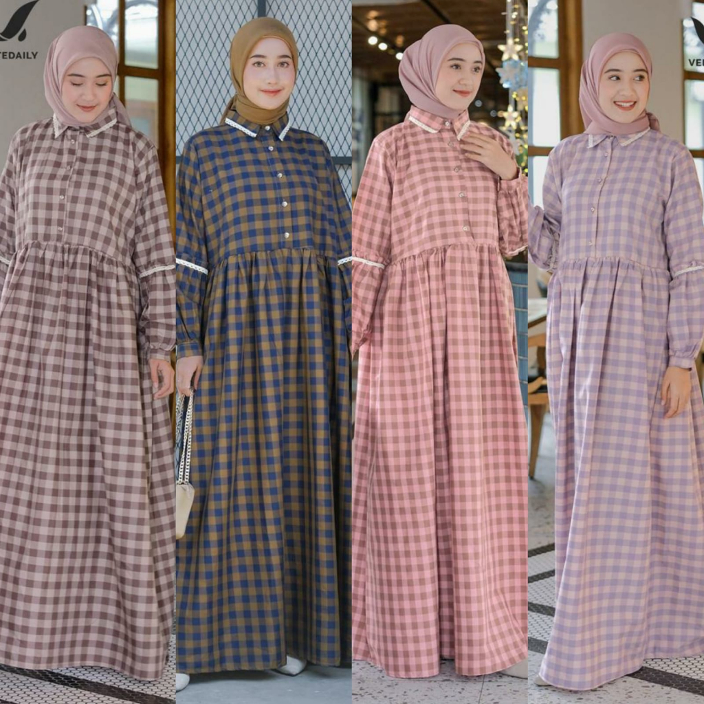 Vente Daily Adiba Maxy Dress Wanita Muslim Jumbo Polycombi Premium Motif Kotak Kotak Busui LD 120 / 