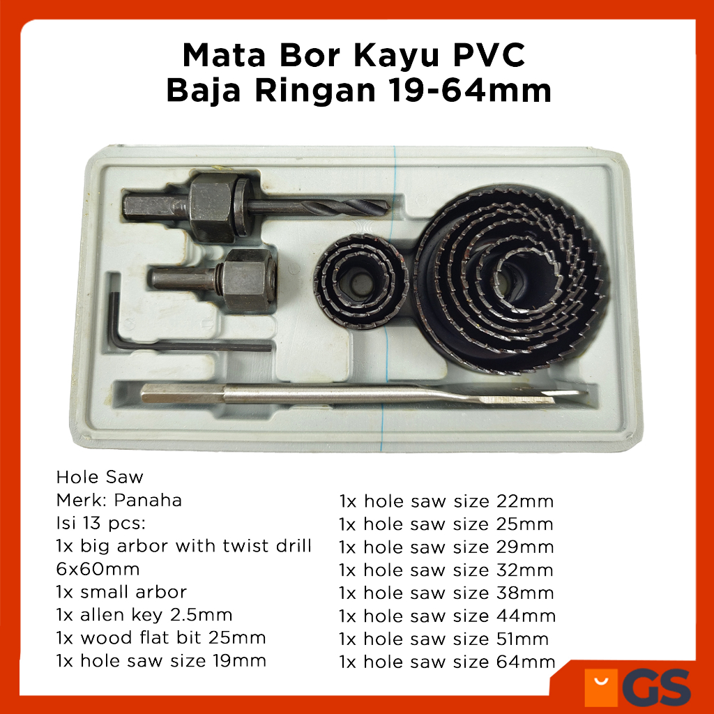 Mata Bor Kayu PVC Baja Ringan 19-64mm Hole Saw Panaha 13pcs