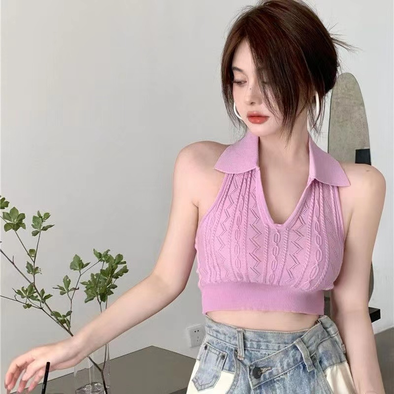 【Elegant】Solid Color Off Shoulder Halter Knitted Crop Tops  2110