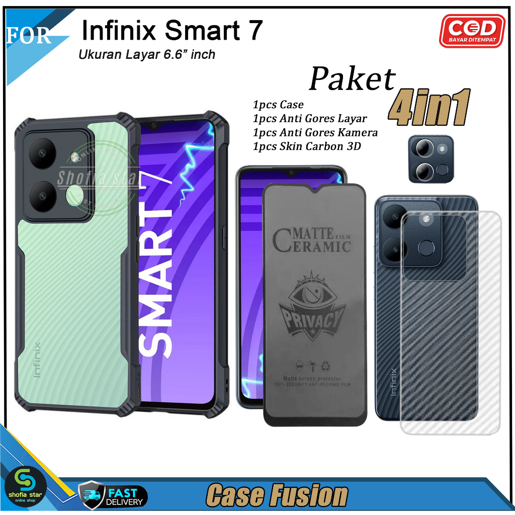 PAKET 4in1 Case Infinix Smart 7 Soft Case Fusion Shockproof Transparan Casing