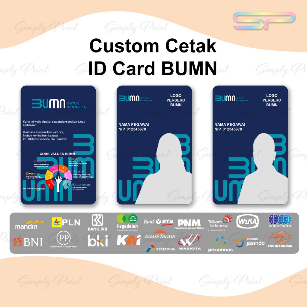 Custom Cetak ID Card BUMN (Pegawai Mandiri,BNI,BTN,BRI,Telkom,KAI,Pertamina,Kimia Farma,PLN,PNM,Waskita,dll.