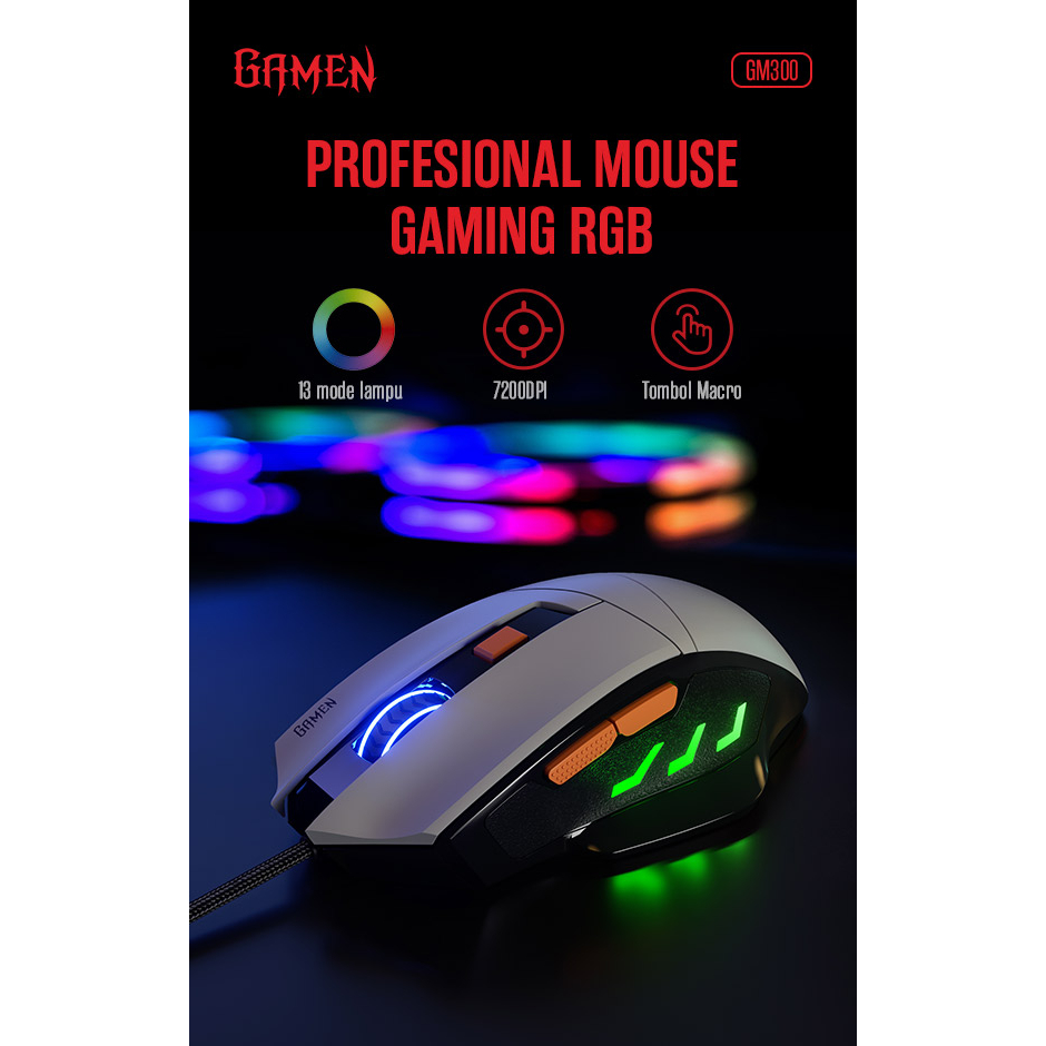 GAMEN Mouse Gaming Wired GM300 7200 DPI Black / Mouse USB / Mouse Gaming dengan Kabel Presisi Tinggi Original - Garansi 1 Tahun