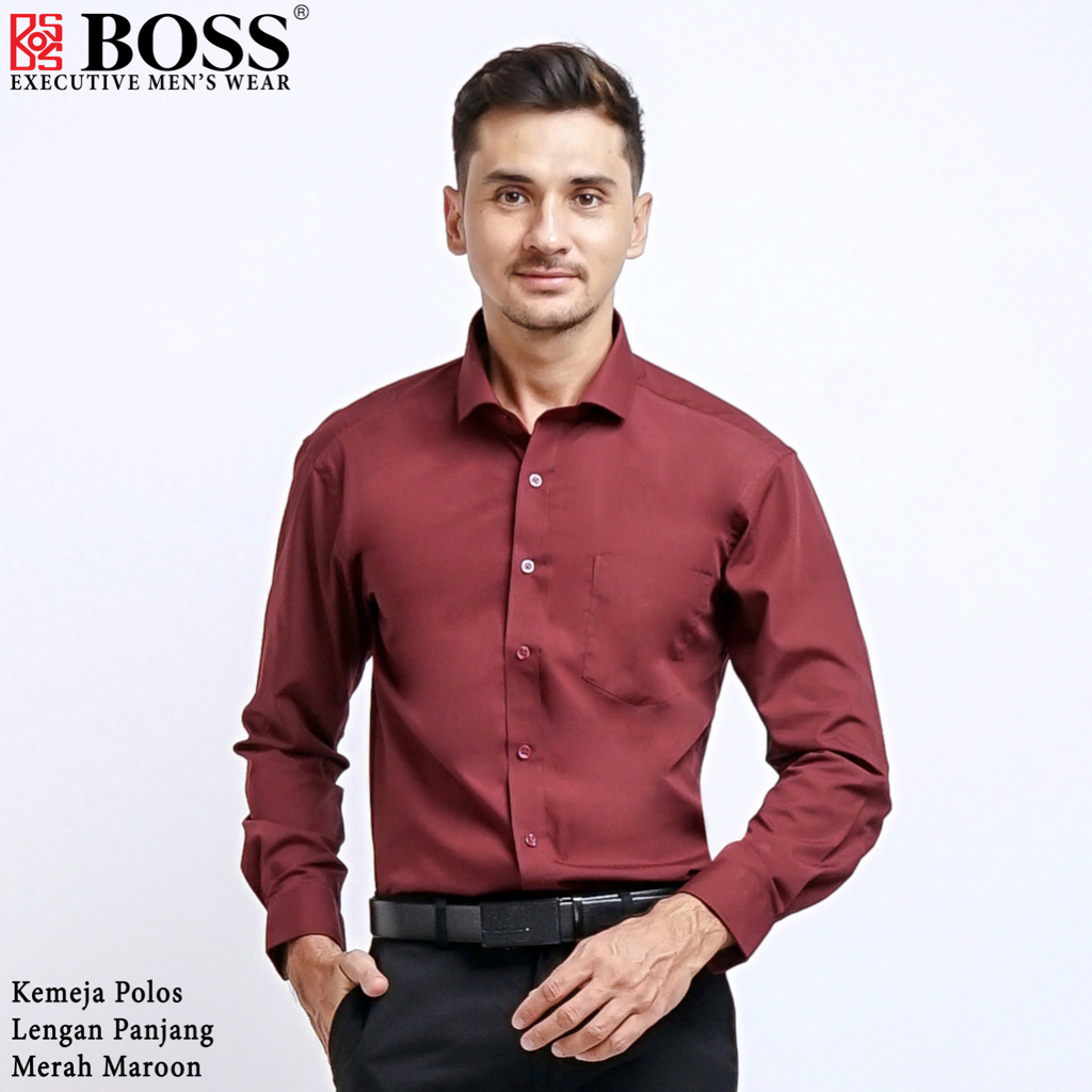 BOSS Kemeja Polos Pria Lengan Panjang Merah Maroon