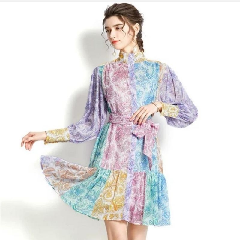 63600 Pakaian baju mini dress dres turtle neck leher tinggi gaya korea bahan import Warna lilac biru