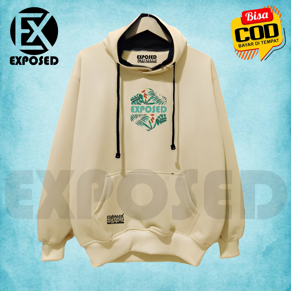 Hoodie Pria Distro Terbaru 2023 Warna Cream Best Seller Sablon Gambar Daun Exposed Sweatshirt Oversi