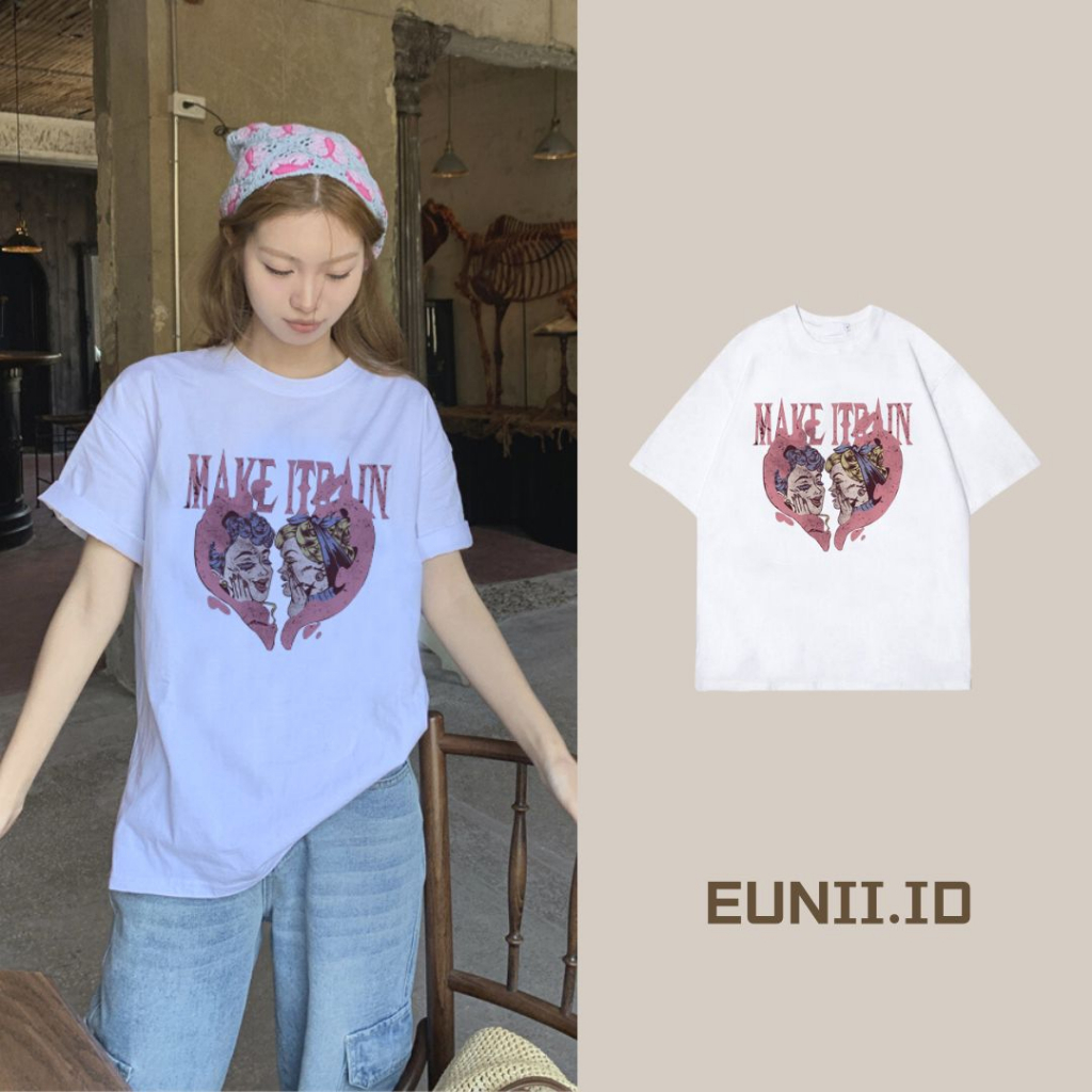 EUNII T-shirt Lengan Pendek Retro Pink Angle Heart Broke Printing Korean Style/Kaos Atasan Wanita/Baju Kaus Oversize Wanita/Kaos Wanita