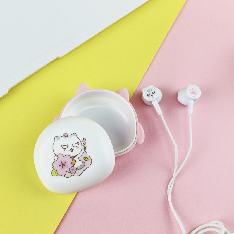 [ KI 353 ] Set Headset Earphone karakter  CAT SERIES + Wadah penyimpanan Earphone Motif in ear