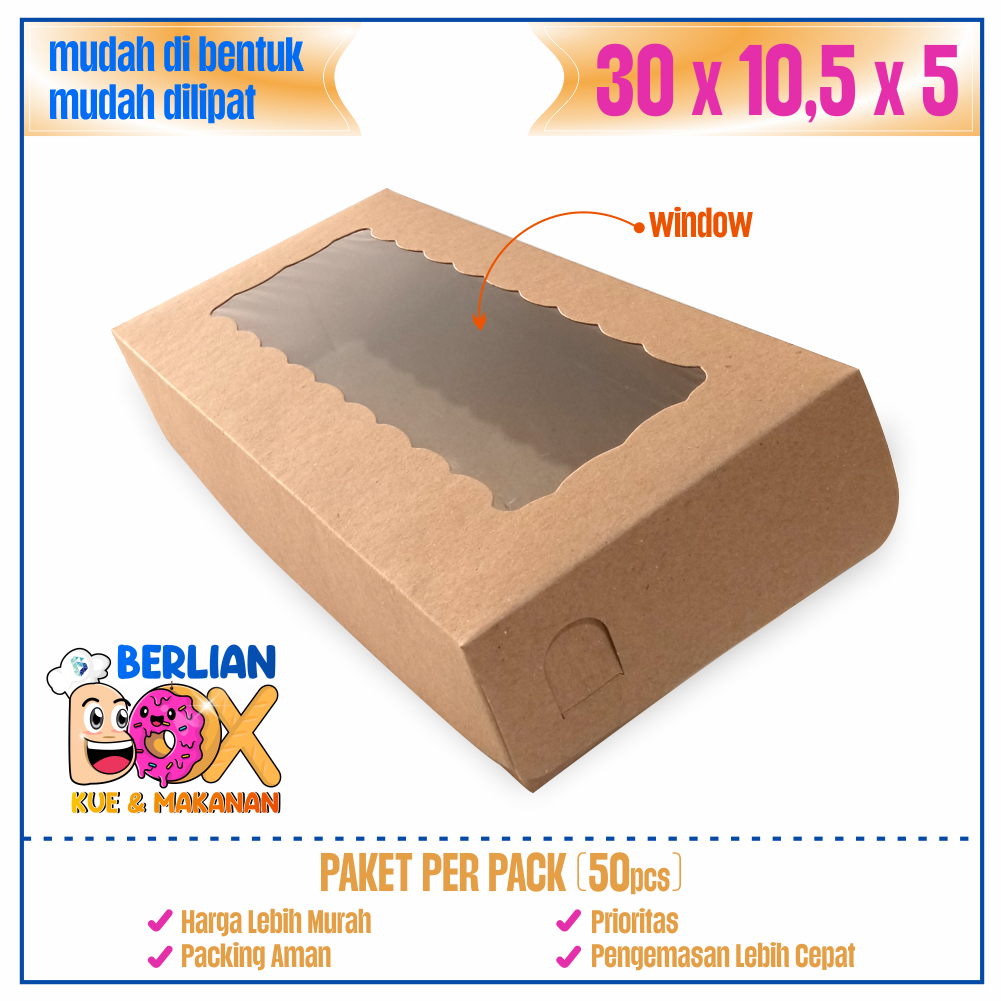 

iDk90 Dus Brownies Box Brownies Kraft Polos 30X10,5X5 Isi 50 Pcs Tebal / Box Kue Bolu Donat Windows