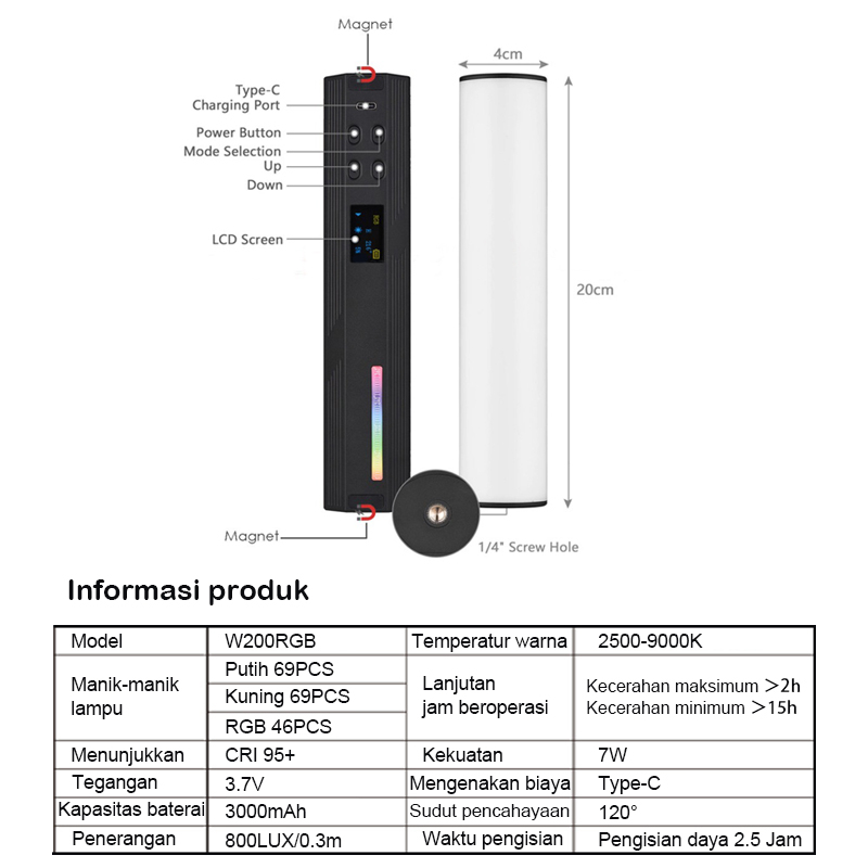 ⚡Bisa COD⚡ W200 LED RGB cahaya lembut Tabung Cahaya Cahaya Genggam Fotografi Tongkat Fotografi Genggam Isi Video Kreatif Genggam Sutefoto Genggam Tongkat Cahaya Led