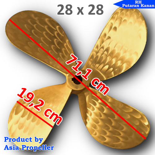 Propeller / Baling baling kapal Kuningan Daun 4 ukuran 28 x 28 bulat Putaran Kanan RH Asia Propeller