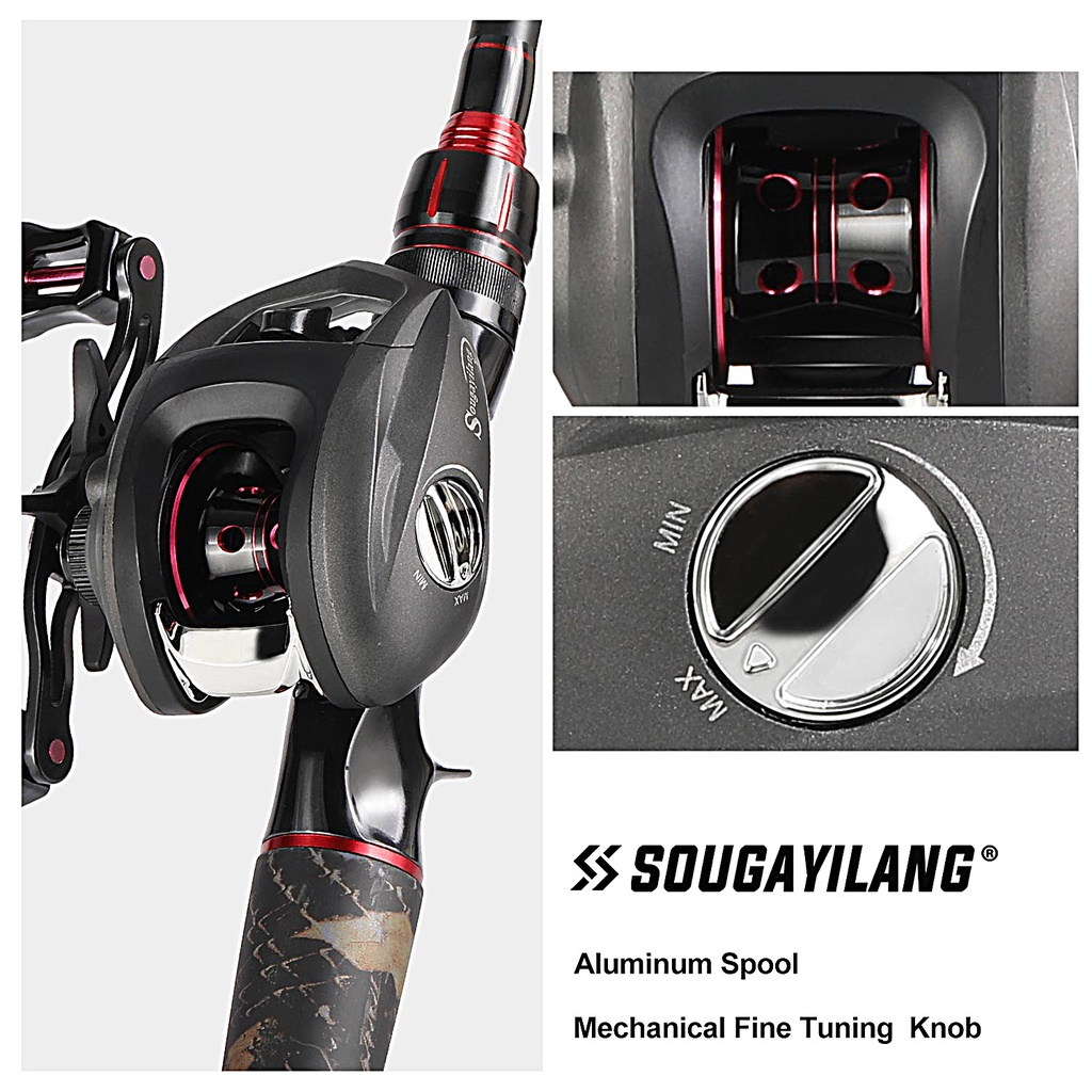 Joran Pancing Set Sougayilang 1.98m M Power Carbon Fiber 4 Sections Fishing Rod and 12+1 6.3:1 Fishing Reel Combos Max Drag 17.6lb