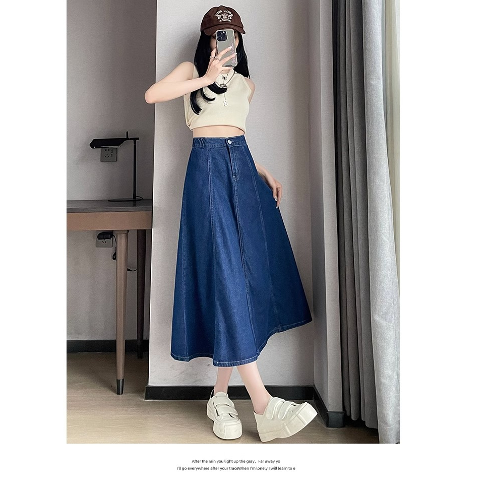 Rok Jeans Panjang melar Wanita rok button denim highwaist rok maxi jeans korea style kekinian 2023