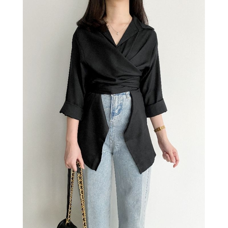 RX FASHION - KAYLA CROP SHIRT TWISTCONE / KEMEJA TALI SILANG LENGAN PANJANG / KEM WANITA - PN