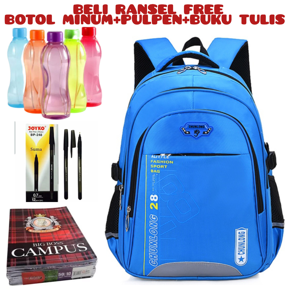 DT_Beli 1 Dapat 4 - Ransel Anak-anak Tas Sekolah Anak-anak Dasar Untuk Anak Laki-laki Perempuan Ransel Ortopedi Besar Tas Sekolah Tahan Air Tas Buku Besar Mochila Infantil_Beli Ransel Free Botol Minum+Pulpen+Buku Tulis