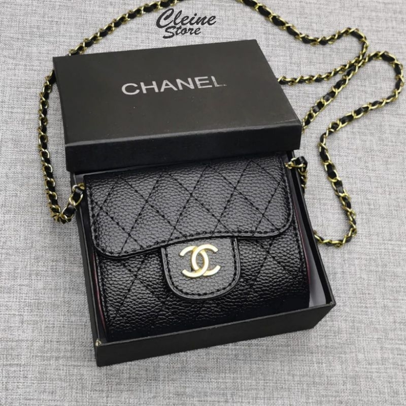 Sling Bag Wanita Chanel Mini Leather Black Gold With Box