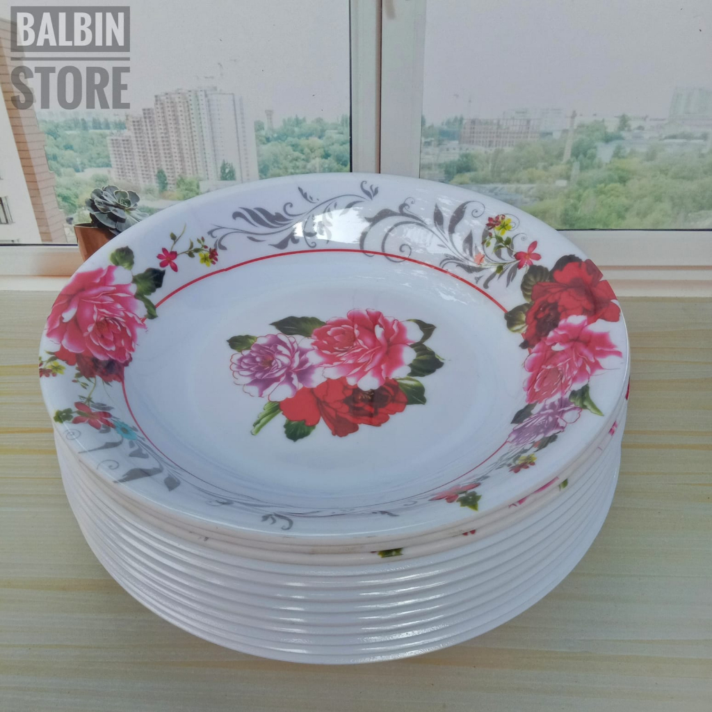 PROMO 6.PCS PIRING MAKAN MELAMINE WARE UKURAN BESAR 23.CM MOTIF RED ROSE FOOD GRADE