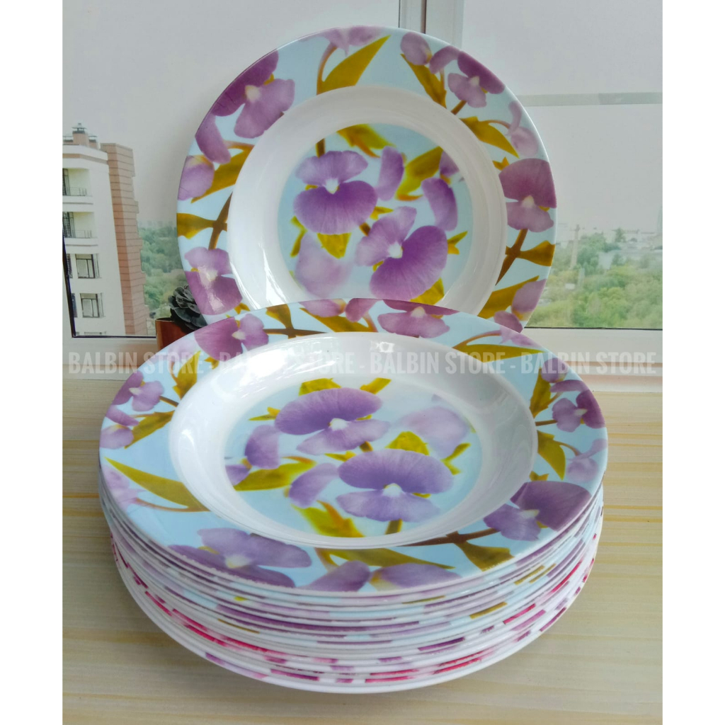 SATU LUSIN | 12 PCS PIRING MAKAN MELAMINE BESAR 23.CM | 9.INCH HIJAU MOTIF KUALITAS FOOD GRADE