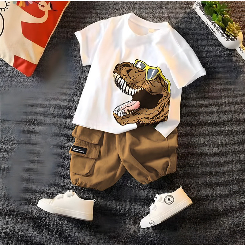 Setelan pakaian baju bayi anak laki-laki dan perempuan (UNISEX) motif T-rex Glasses usia 6 bulan-5 Tahun bahan katun