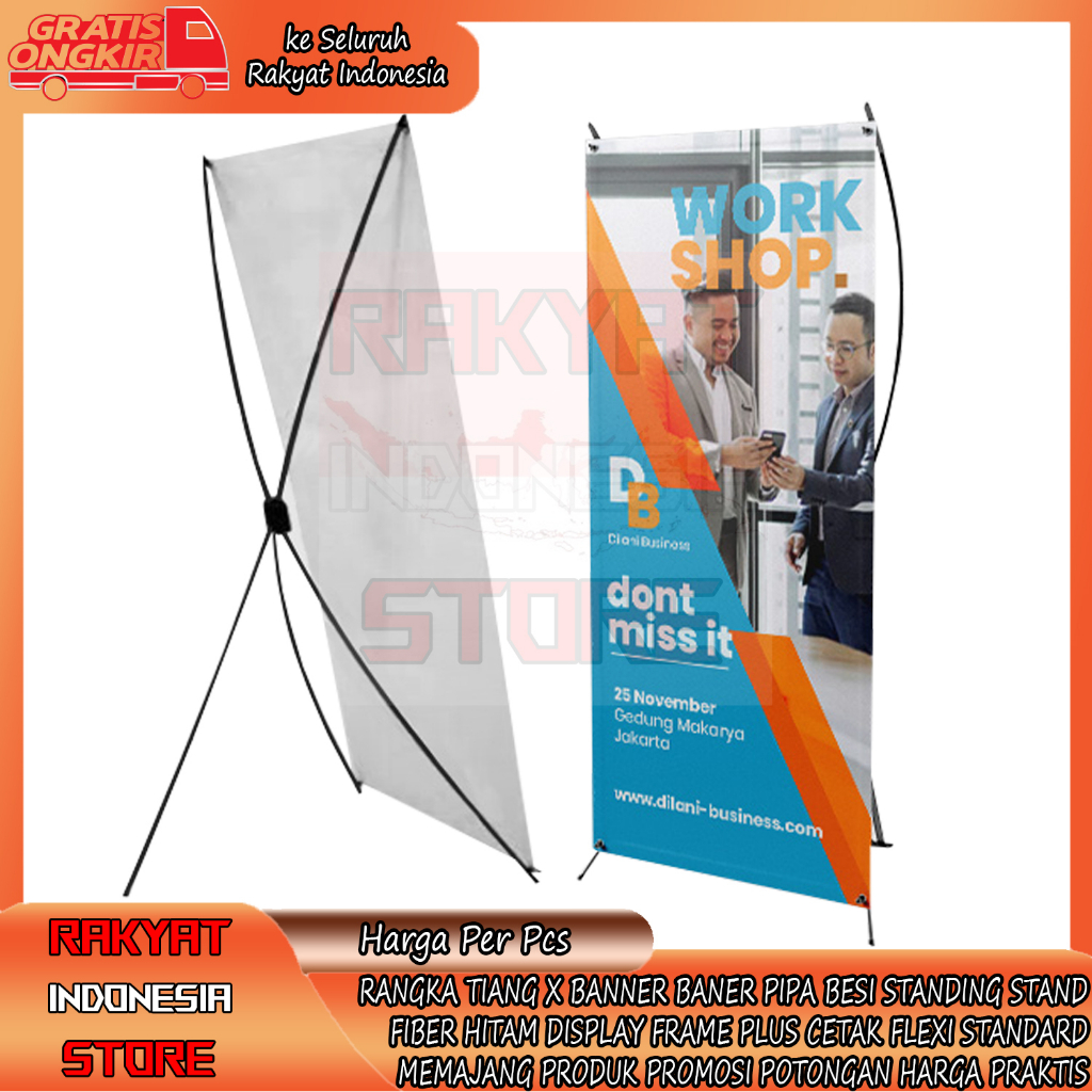 Rangka Tiang Banner 160 x 60 Standing Stand Baner Pipa X Ex Besi Metal Fiber Hitam Itam Display Fram