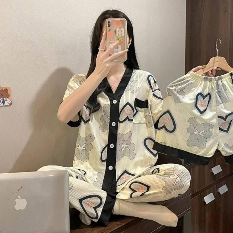 Baju tidur wanita stelan kancing 3in1 import