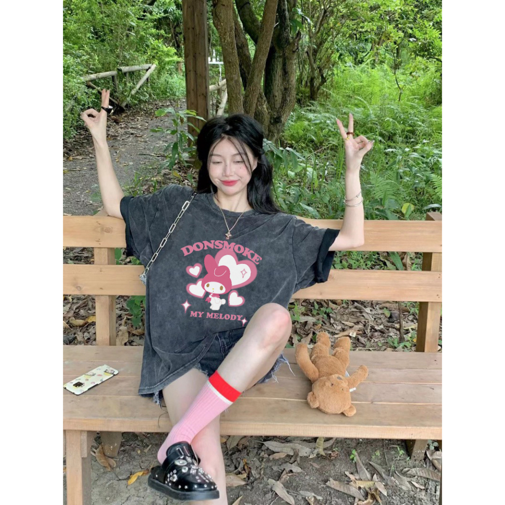 100% Katun Kaos Vintage Hitam Atasan Wanita Lengan Pendek Oversize Pink cartoon Printed T-shirt Baju Wanita Kekinian Korean Style