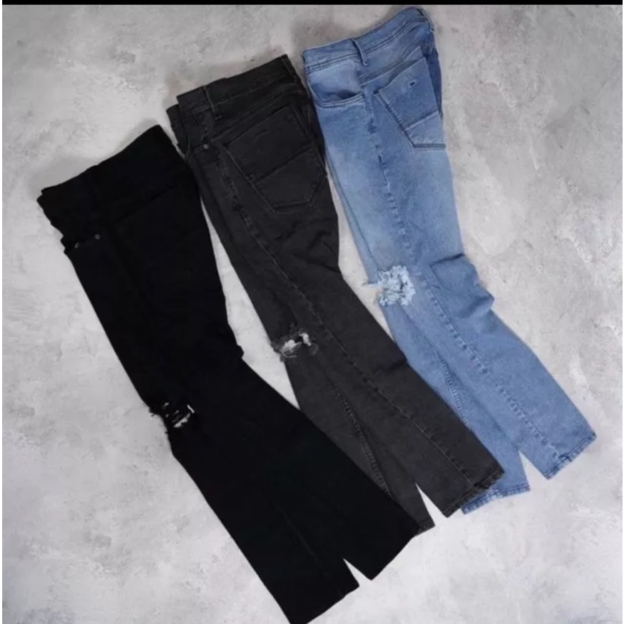 Rebelone - Celana Jeans Panjang Pria Ripped Sobek Lutut Bio Wash Premium