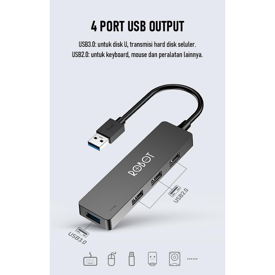 ROBOT USB Hub H160 4 Ports USB 2.0 &amp; USB 3.0 High Speed 5GBPS Original - Garansi Resmi 1 Tahun