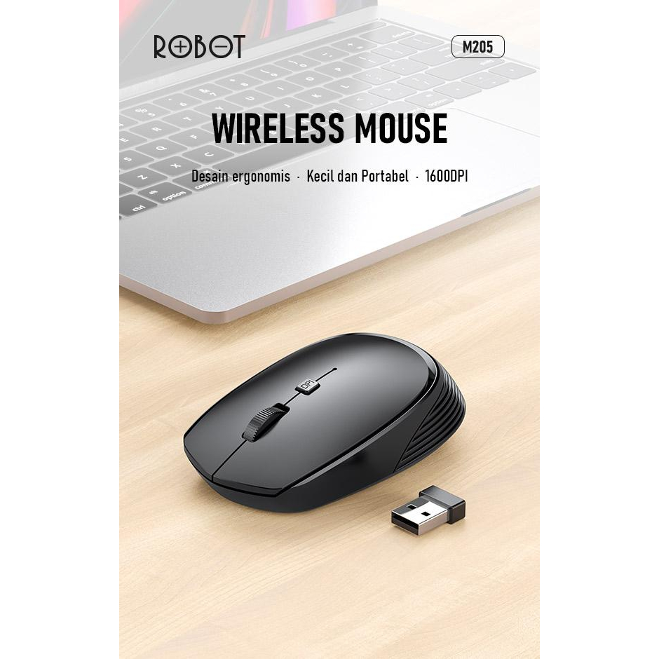 Mouse Wireless ROBOT M205 2.4G 1600DPI Receiver USB untuk PC Laptop-Garansi Resmi 1 Tahun