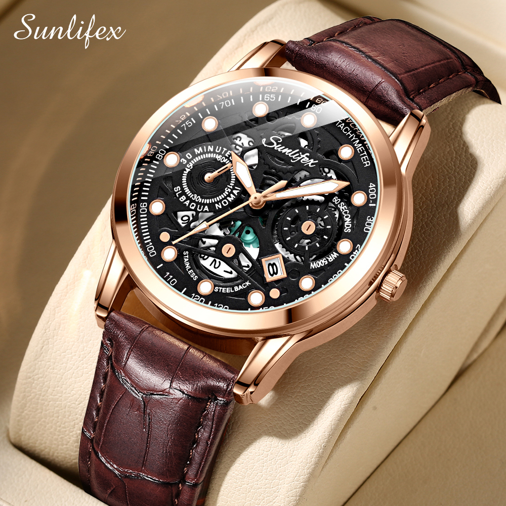 Sunlifex Jam Tangan Pria Dial Berongga Anti Air Kuarsa Tali Kulit Jam Pria Original Santai Mode Jam Tangan Cowok 7001-Brown