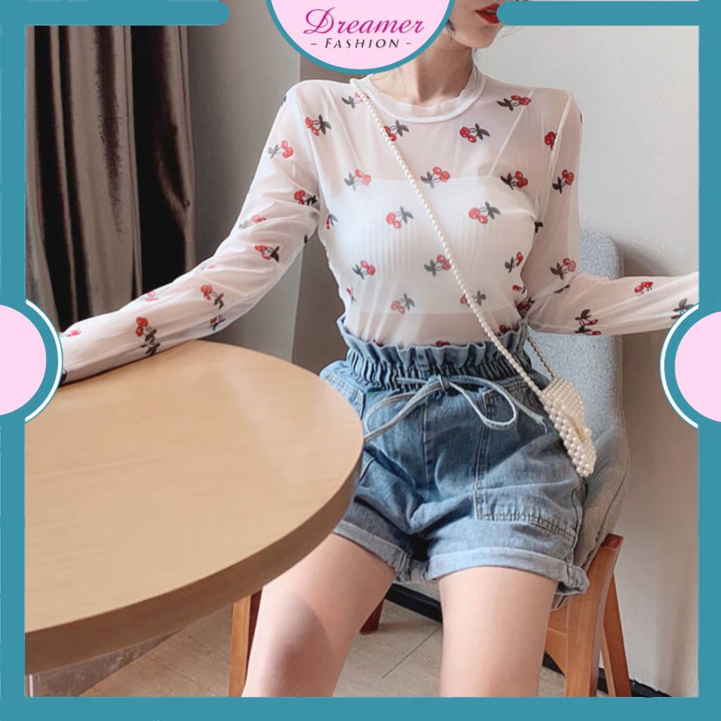 DF BJ378 Transparent Long Sleeve Anti UV Motif Bunga Blouse Atasan Lengan Panjang Trasparan