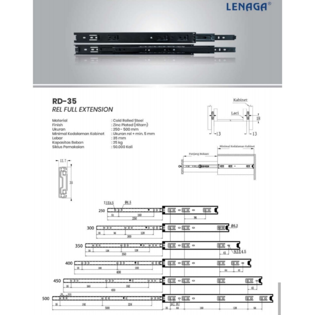 Rel Laci 2x Double Tarik Full Extension Huben Lenaga RD 35mm 25 30 35 40 45 50 cm