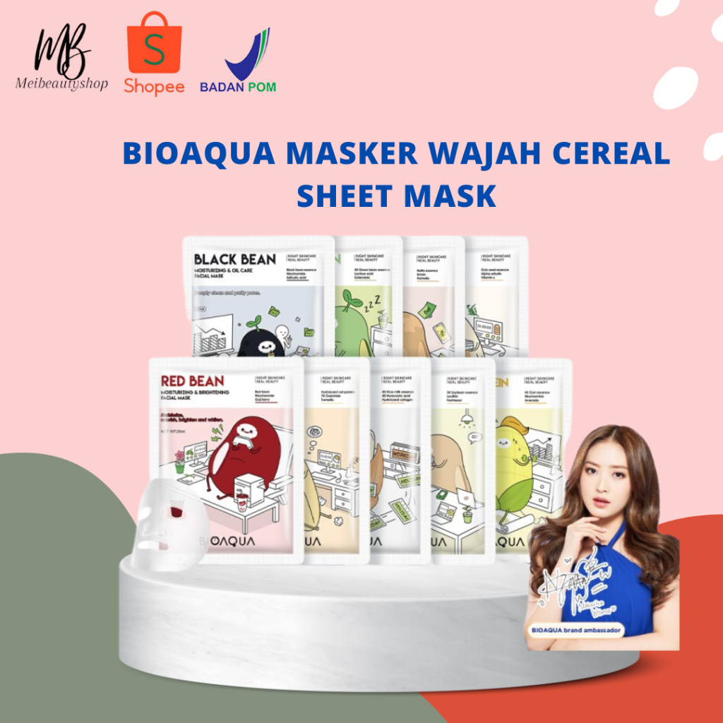 BIOAQUA Masker Wajah Cereal Sheet Mask Face Mask 25ml Masker Muka Glowing Rice-Milk/Oat/Red Bean/Com Protein/Soybean