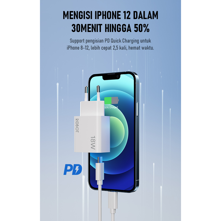 ROBOT Dual Port Charger Quick Charging RT-F2 QC 3.0 Micro USB Type-C Dual Output USB-A dan USB-C - Garansi 1 Tahun