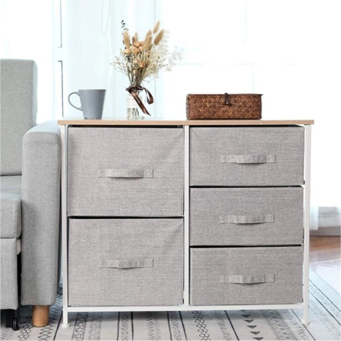 DISKON Lemari TV 2 Tingkat 5 Laci Kain Linen Lemari Sisi Ranjang Warna Abu &amp; Coklat