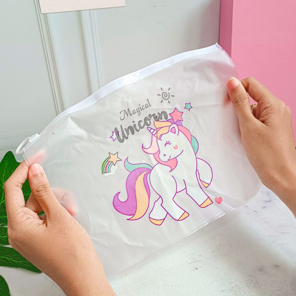 POUCH BENING LOGO KUDA PONI UNICORN TEMPAT PENSIL TRANSPARAN ALAT PENYIMPANAN MAKE UP KADO TRAVEL