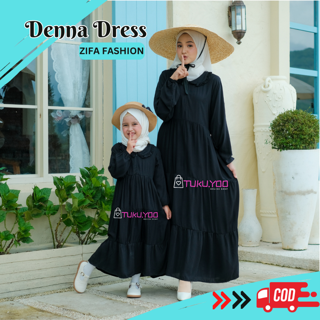 Denna Dress Polos Zifa Fashion Gamis Couple Ibu Anak Jumbo Twill Premium Busui Hitam
