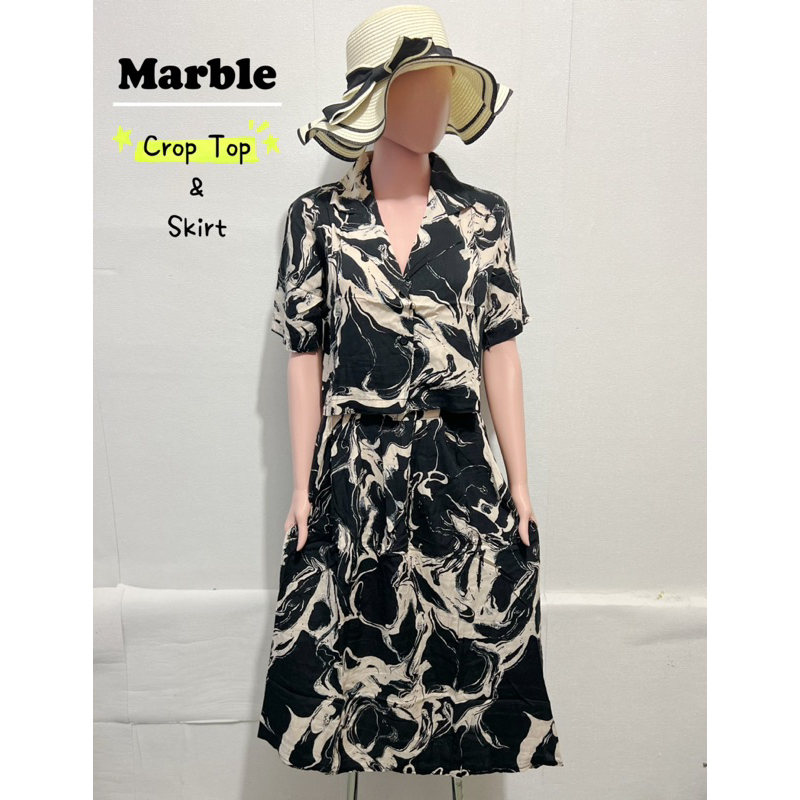 One Set Fasion Wanita Baju Wanita Marble Set Crop Top + Skirt / Set Rok Dan Atasan Crop Motif Marble