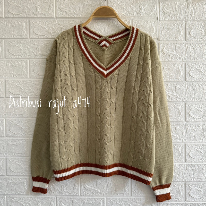 REBECA SWEATER RAJUT STRIPE MOTIF CABLE KERAH V WANITA KOREA ATASAN LENGAN PANJANG