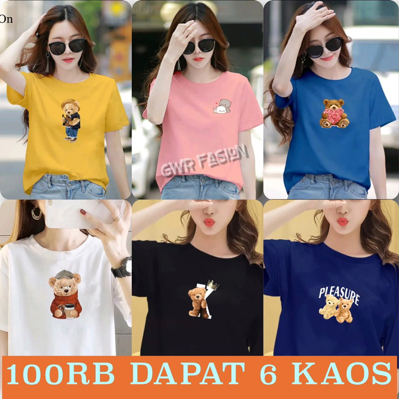 KAOS WANITA | 100RB Dapat 6 KAOS MOTIF TEDY BEAR | BAJU T-Shirt CWe DISTRO DEWASA BISA UNTUK PRIA DA