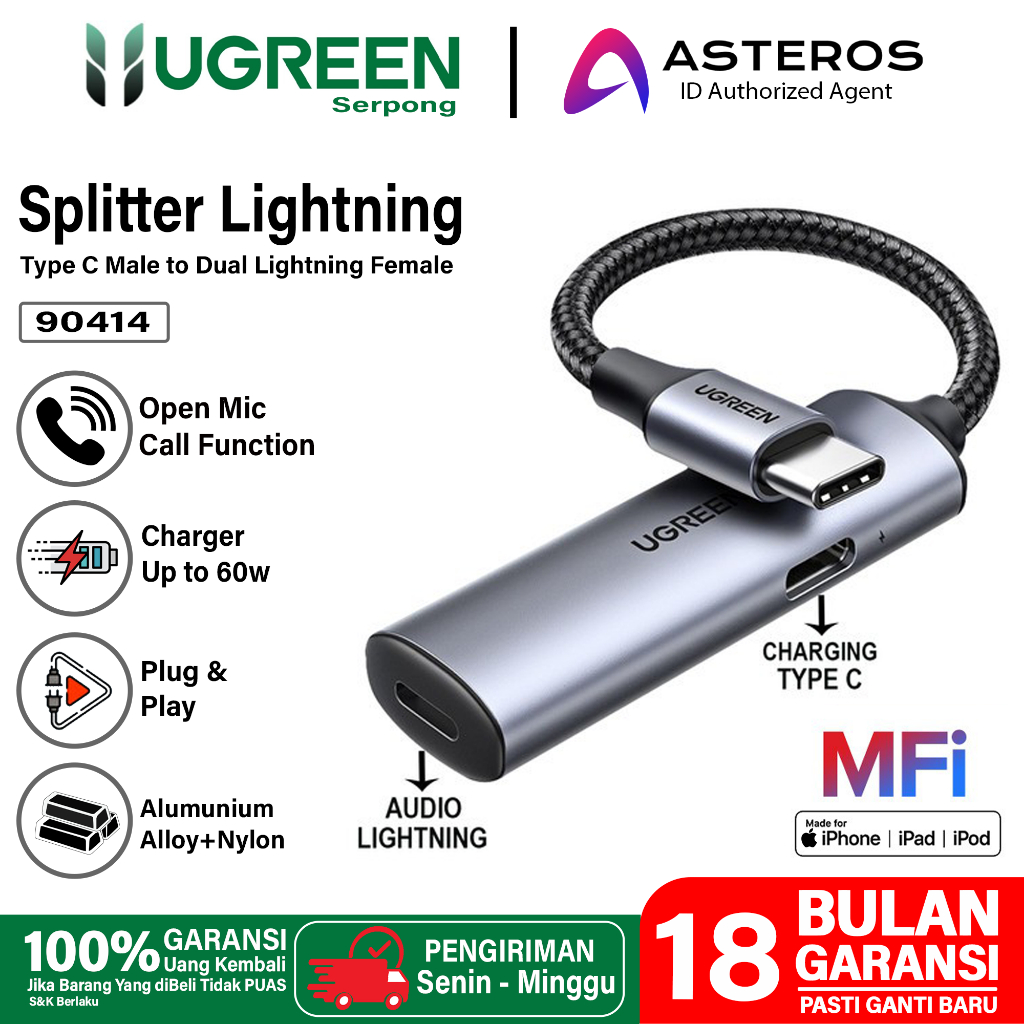 UGREEN Converter Splitter Mfi Type C To Lightning Open Mic Audio Call Charging