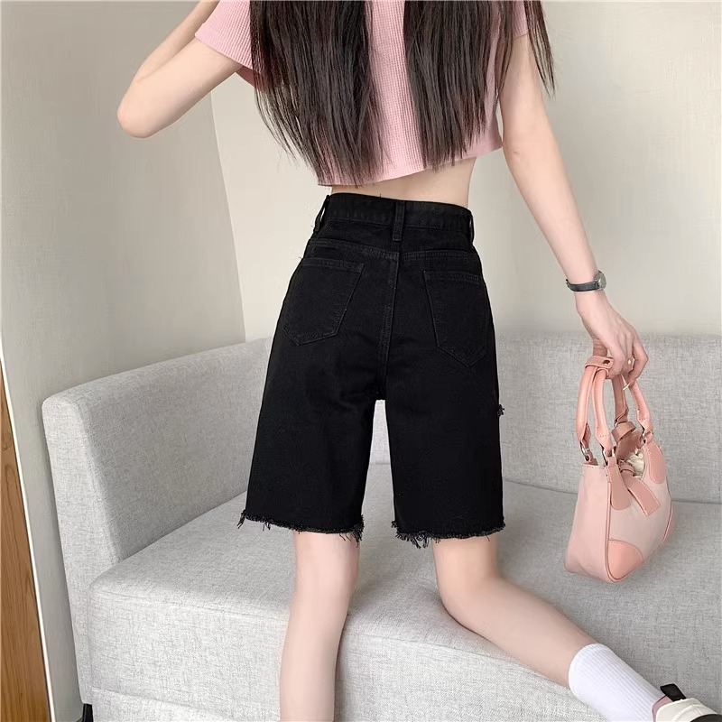 Celana Pendek Jeans Wanita Robek Highwaist Hitam Kekinian