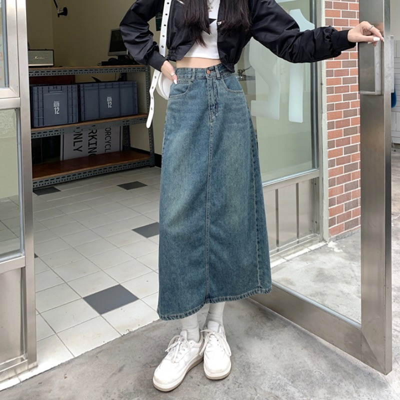 Emily Rok-Rok Midi Denim Fashion Rok A-line Highwaist Biru Retro