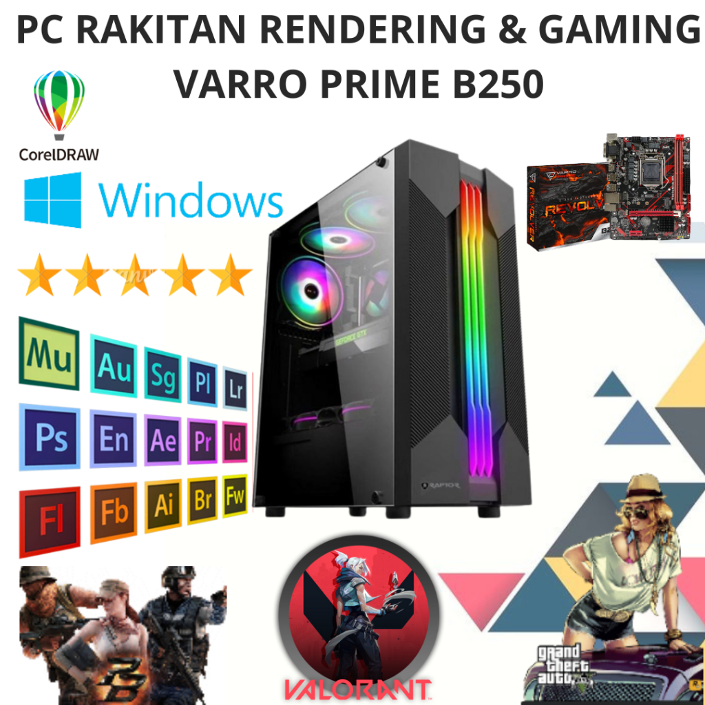 PC KOMPUTER RAKITAN RENDERING GAMING EDITING INTEL CORE i5 6500 MOBO VARRO PRIME B250 SSD NVME GTX 7
