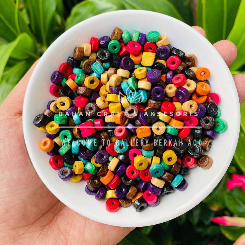 [100 pcs] Mote Manik Kayu Bulat Donat Gepeng Manik Manik Kayu Bulat Donat Bahan Craft