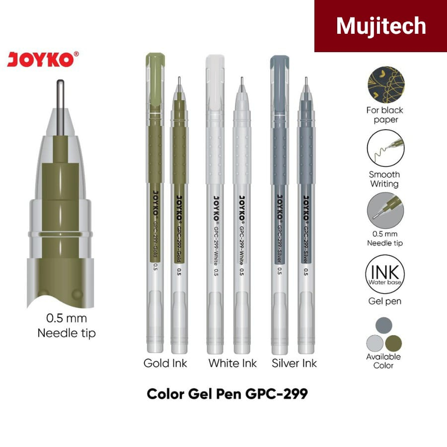 

GEL PENA PULPEN GPC-299 JOYKO PREMIUM COLOR WHITE GOLD SILVER TINTA WARNA