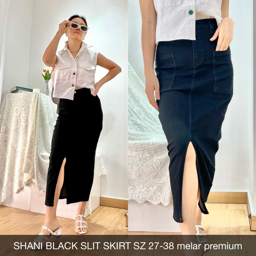 ROK JEANS WANITA SHANI BLACK SKIRT  POLOS DAN BELAH DEPAN